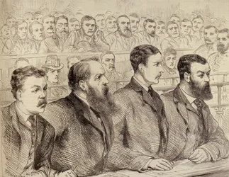 Onderzoek van de Leiders van de Social Democratic Federation bij het Bow Street Politiebureau, uit The Illustrated London News, 27 februari 1886